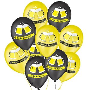 Balão de Festa Decorado Boteco - Amarelo e Preto 9" 23cm - 25 Unidades