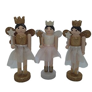 Conjunto Fadas De Madeira - 13Cm Cada - Ouro/Bco - 3 unidades - Rizzo