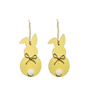 Tags de Páscoa Coelho Madeira Amarelo com Pompom - 2 unidades - Cromus - Rizzo