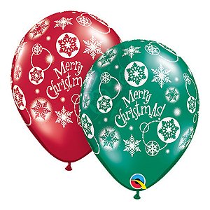 Balão de Festa Látex Liso Decorado - Merry Christmas! Esmeralda/Rubi - 11" 27cm - 50 unidades - Qualatex Outlet - Rizzo