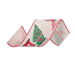 Fita Decorativa Aramada - Trem Natalino - 6,3cm x 9,14m - 1 unidade - Cromus - Rizzo