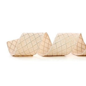 Fita Decorativa Aramada - Losango Algodão Cru, Branco e Ouro - 6,3cm x 9,14m - 1 unidade - Cromus - Rizzo