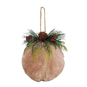 Bola de Natal Rústica Pelúcia - Marrom, Vermelho e Verde - 10cm  - 4 unidades - Cromus - Rizzo