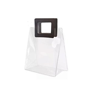 Sacola Transparente PVC com Alça Quadrada de Couro Preta - 15x15x10 - 1 unidade - Rizzo