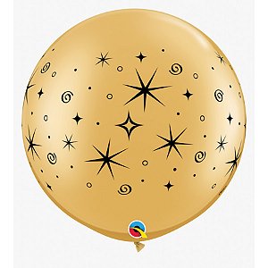 Balão de Festa Látex Liso Decorado - Espirais Ouro - 30" 76cm - 2 unidades - Qualatex Outlet - Rizzo