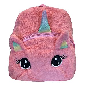 Mochila de Pelúcia Unicórnio Olhos Grandes - Rosa - 30x35cm - 1 unidade - Rizzo