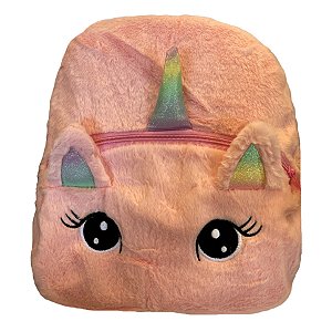 Mochila de Pelúcia Unicórnio Olhos Grandes - Rose - 30x35cm - 1 unidade - Rizzo