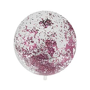 Balão Bubble Transparente com Glitter Rosa Escuro Hexagonal - 18" 45cm - 1 unidade - Rizzo