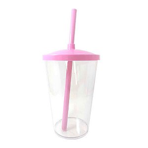 Copo de Acrílico Durável com Tampa e Canudo 300ml - Rosa Claro - 1 unidade - Rizzo