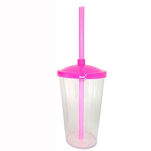 Copo de Acrílico Durável com Tampa e Canudo 300ml - Pink - 1 unidade - Rizzo