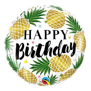 Balão de Festa Microfoil 18" 45cm - Redondo Happy Birthday! Abacaxis  - 1 unidade - Qualatex Outlet - Rizzo