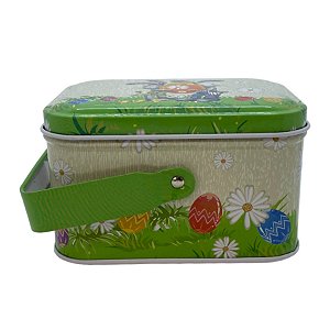 Lata de Metal Retangular com Alça de Páscoa - Casal Coelhos  - 10,5x7,8x6,4cm - 1 unidade - Rizzo