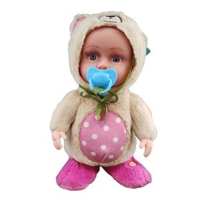 Boneca Baby Pelúcia Bege e Rosa Com Som e Movimento - 28cm - 1 unidade - Rizzo