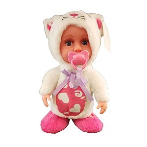 Boneca Baby Pelúcia Branco e Rosa Com Som e Movimento - 28cm - 1 unidade - Rizzo