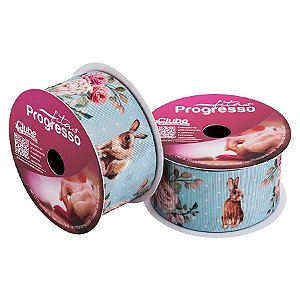 Fita Gorgurão Progresso 38mm - 10m Cor 302 Azul Rosas e Coelho - 1 unidade - Progresso - Rizzo