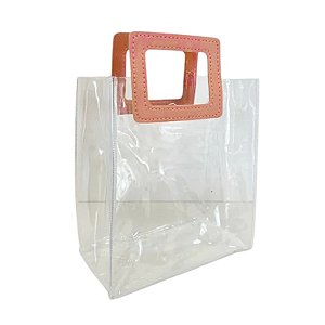 Sacola Transparente PVC com Alça Quadrada de Couro Rosa - 26x22x12cm - 1 unidade - Rizzo