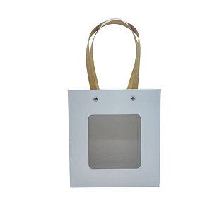 Sacola de Papel com Gaveta e Visor Alça Kraft 18x16,5x8,5 - Branca - 10 unidades - Rizzo