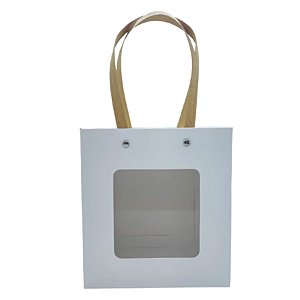 Sacola de Papel com Gaveta e Visor Alça Kraft 20x22x9cm - Branca - 10 unidades - Rizzo