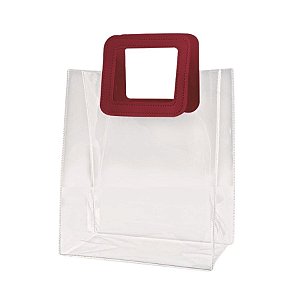 Sacola Transparente PVC com Alça Quadrada de Couro Vinho - 26x22x12cm - 10 unidades - Rizzo