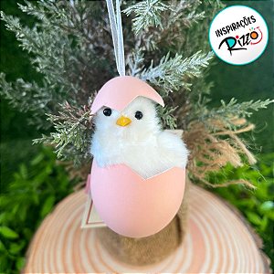 Enfeite para Pendurar - Pintinho Branco com Ovo Rosa - 8cm - 1 unidade - Cromus - Rizzo