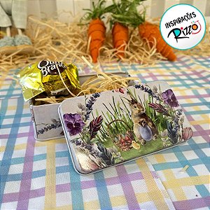 Lata de Metal Retangular de Páscoa - Coelho com Cesto e Ovos - 11,5cm - 1 unidade - Rizzo