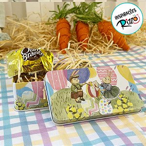 Lata de Metal Retangular de Páscoa - Casal de Coelhos Pintores - 11,5cm - 1 unidade - Rizzo