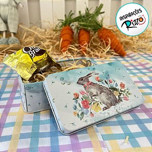 Lata de Metal Retangular de Páscoa - Coelho com Flores - 11,5cm - 1 unidade - Rizzo