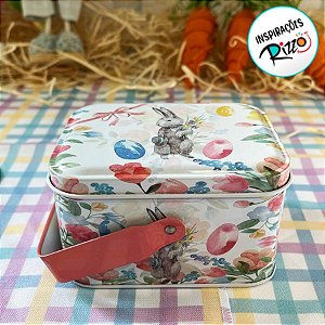 Lata de Metal Retangular com Alça de Páscoa - Coelho com Chapéu - 10,5x7,8x6,4cm - 1 unidade - Rizzo