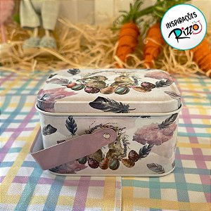 Lata de Metal Retangular com Alça de Páscoa - Casal de Coelhos - 10,5x7,8x6,4cm - 1 unidade - Rizzo
