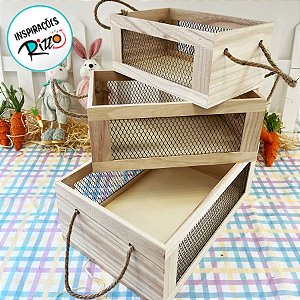 Kit Caixote Decorativo com Tela nas Laterais e Alça - P 22cm / M 26cm / G 30cm - 3 unidades - Cromus  - Rizzo