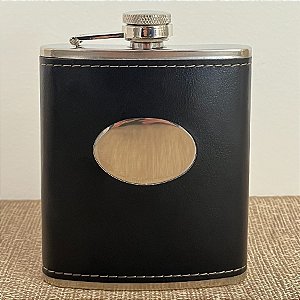 Cantil Inox com Couro Preto de Bolso para Whisky - Modelo 2 - 175ml - 1 unidade - Rizzo