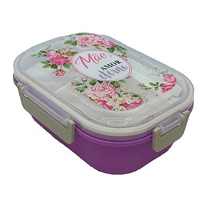 Marmita Roxo com Garfo e Colher e Divisória de 3 Partes - Mãe Amor Eterno - 15,8x22cm - 1 unidade - Rizzo