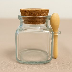 Mini Pote de Vidro Quadrado com Tampa de Rolha e Colherzinha de Madeira – 5x7x6,5cm - 90 ml - 1 unidade - Rizzo