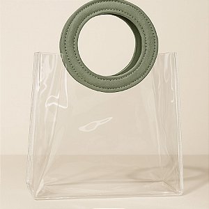 Sacola Transparente PVC com Alça Redonda de Couro Verde Musgo - 15x15x10cm - 1 unidade - Rizzo