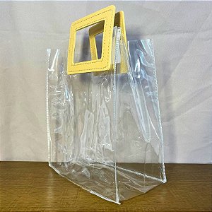 Sacola Transparente PVC com Alça Retangular de Couro Bege - 18x20x10cm - 10 unidades - Rizzo
