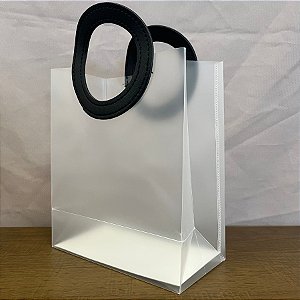 Sacola Transparente PVC com Alça Redonda de Couro Preto - 19x17x8cm - 10 unidades - Rizzo