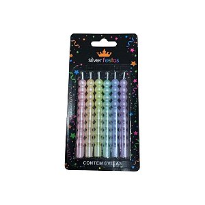Vela Palito com Pérolas Metalizada - Candy Color - 9,5cm - 6 unidades - Silver Festas - Rizzo