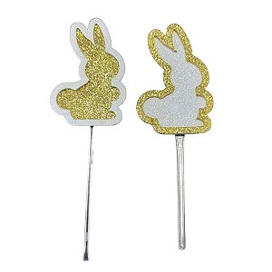 Pick Decorativo - Coelhos Dourado e Branco com Glitter - 4 unidades - Rizzo