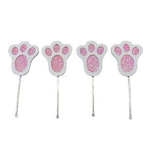 Pick Decorativo - Pata de Coelho Rosa e Branca com Glitter - 8 unidades - Rizzo