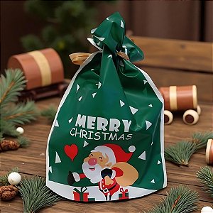 Saco Para Presente Decorado - Papai Noel Coração Verde - 15x23cm - 50 unidades - Rizzo