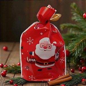 Saco Para Presente Decorado - Papai Noel Feliz Vermelho - 15x23cm - 50 unidades - Rizzo