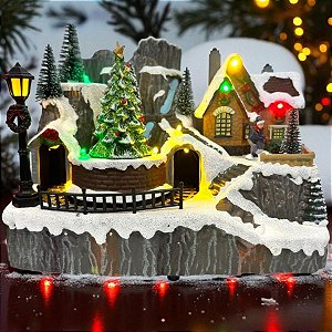 Cenário De Natal - Vila Natalina Com Trenzinho e Árvore de Natal - 23x15x18cm - 1 unidade - Rizzo