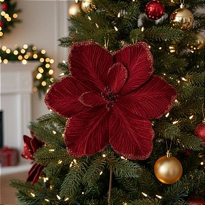 Poinsétia Decorativa - Magnólia Camurça Com Glitter - Marsala - 30,5x27cm - 1 unidade - Cromus - Rizzo