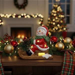 Enfeite De Natal em Resina - Boneco De Neve No Treno Com LED - 12,5x12cm - 1 unidade - Rizzo