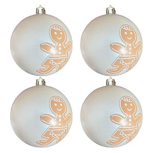 Bolas de Natal - Bege com Ginger Branco/Bege - 10x10cm   - 4 unidades - Cromus - Rizzo