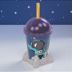 Copo Foguete com Tampa e Canudo - Astronauta Azul - 280ml - 1 unidade - Plasútil - Rizzo