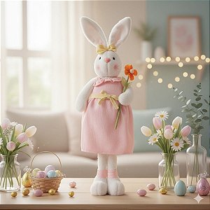Enfeite Decorativo de Páscoa - Coelho de Vestido Rosa e Flor Laranja - 68cm - 1 unidade - Cromus - Rizzo