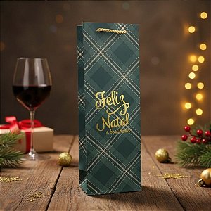 Sacola de Papel Premium Para Garrafa - Feliz Natal e Boas Festas - 12x36x8,5cm - 1 unidade - Rizzo