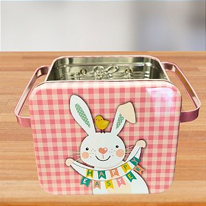 Lata de Metal Retangular com Alça Dupla de Páscoa - Coelho Branco com Faixa de Páscoa - 15,3x12,7x10,6cm - 1 unidade - R