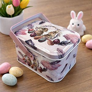Lata de Metal Retangular com Alça de Páscoa - Coelhinhos e Penas Coloridas - 10,5x8x6cm - 1 unidade - Rizzo